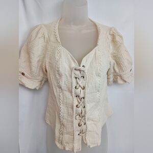 Cream Lace-Up Cotton Peasant Blouse